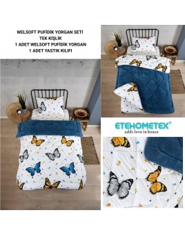 ETE HOMETEX TEK KİŞİLİK LÜX WELSOFT YORGAN SETİ KELEBEK İNDİGO 155X215CM 8696474231930